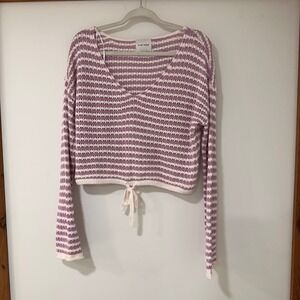 Pink Rose Striped Open Knit Sweater Womens Large Purple Drawstring Coquette Boho